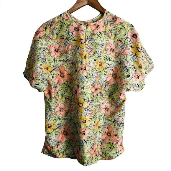 Diane Gilman Floral Print Top - Yellow, Pink, Green - Picture 2 of 8